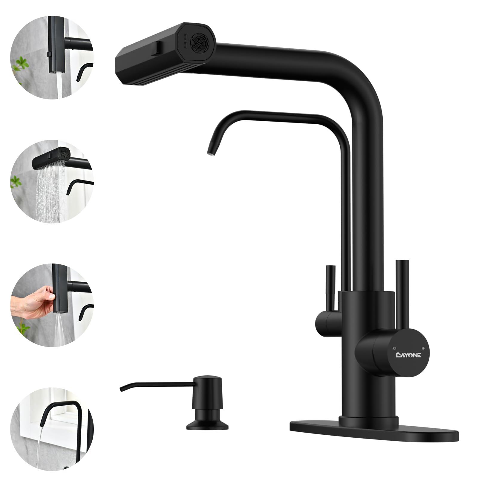Photo 1 of DAYONE Matte Black Waterfall Kitchen Faucet with Drinking Water Faucet and Soap Dispenser, 3 in 1 Sink Tap with Purfied Water, 4 Holes, (Without Water Filtration Device)