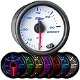 GlowShift White 7 Color 60 PSI Turbo Boost Gauge Kit - Includes Mechanical Hose & Fittings - White Dial - Clear Lens - for Diesel Trucks - 2-1/16" 52mm