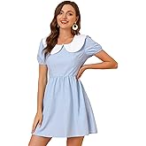 Allegra K Women's Contrast Peter Pan Collar Puff Short Sleeve A-line Dress