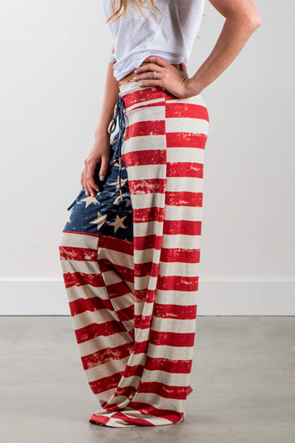 High Drawstring Waist Wide Leg Pants for Women Palazzo Lounge American Flag L