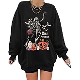 Eatbook Halloween Sweatshirts for Women Ghost Pumpkin Graphic Sweater | Halloween Spooky Season Sweatshirt Women,Oversized Dancing Skeleton Ghost Bat Sweatshirts,Fall Pumpkin Face Pullover Tops
