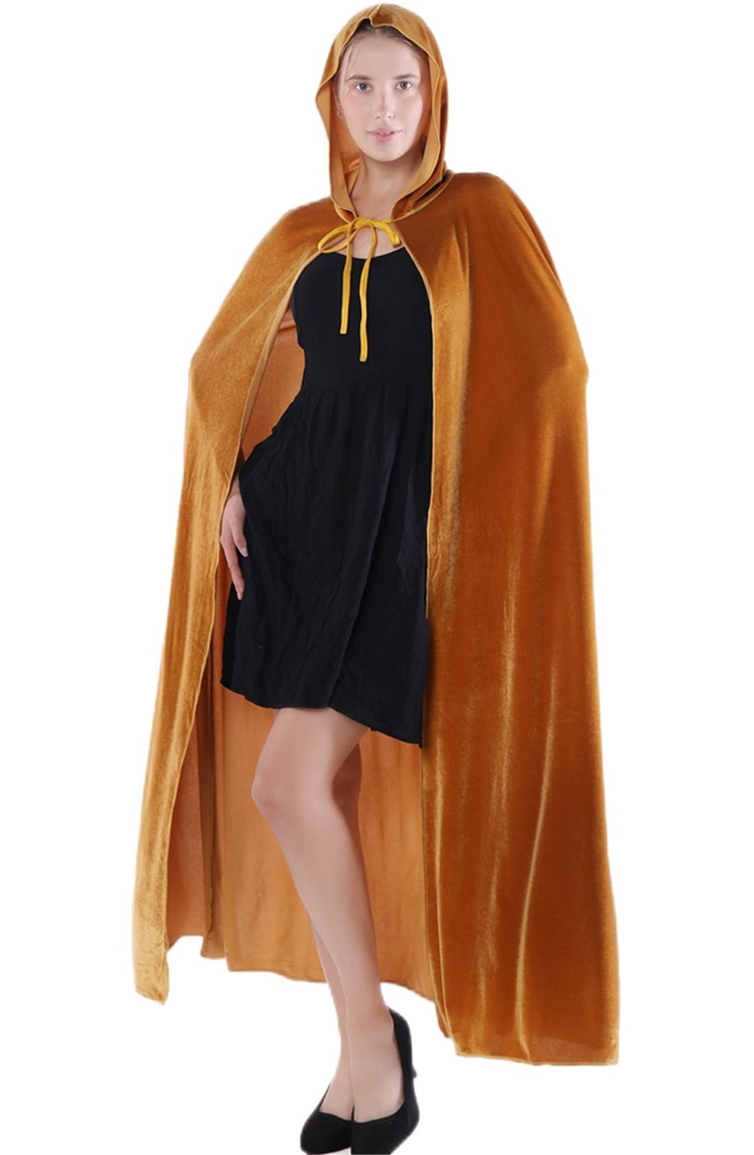 Awlsyj Womens Hooded Cloak Long Velvet Cape Halloween Costumes Robe Masquerade Party Role Cosplay (Gold) — image 1