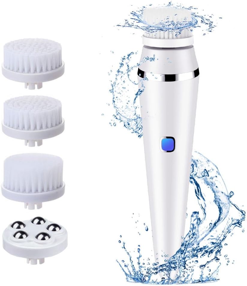 BMK Facial Cleansing Brush Exfoliating Brush Waterproof Face Scrubber for Deep Clean Gentle Exfoliate and Remove Blackhead with 5 Brush Heads