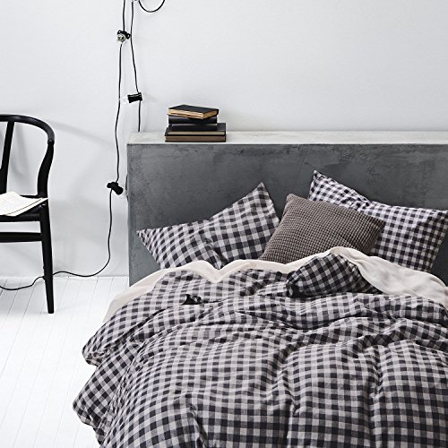 Checker Duvet Cover Set, 100% Cotton Bedding, Gray Grey Buffalo Check Gingham Plaid Geometric Pattern Printed, with Zipper Closure (3pcs, Queen Size)
