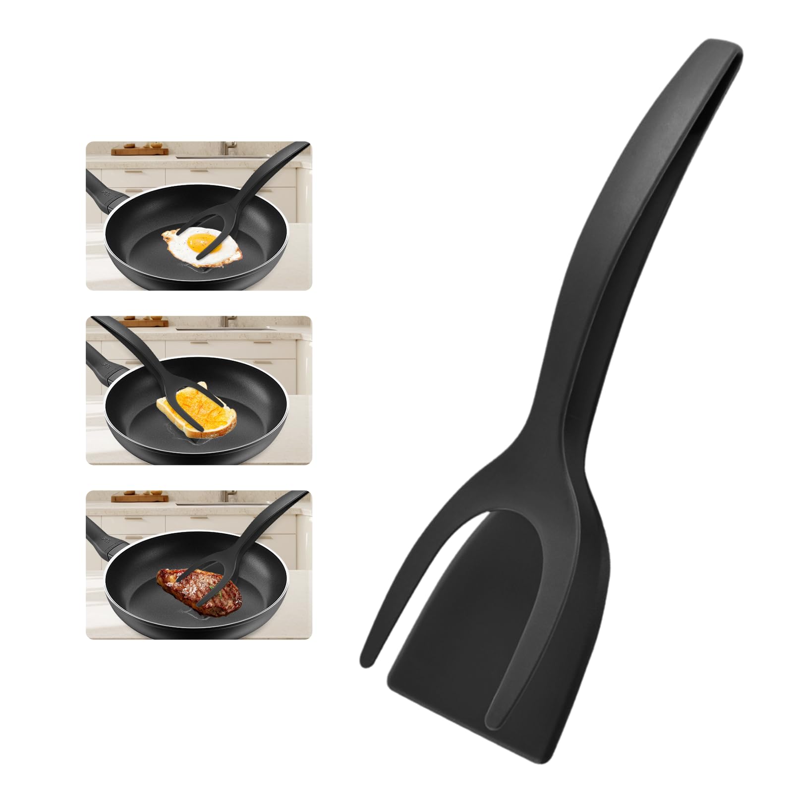 BULZEU Egg Flipper Spatula, 2 in 1 Grip and Flip Spatula Tongs, Non-Stick Fried Egg Flipper Tong for Flipping Bread Fish Pancake Toast Home Kitchen Cooking Tool (Black)