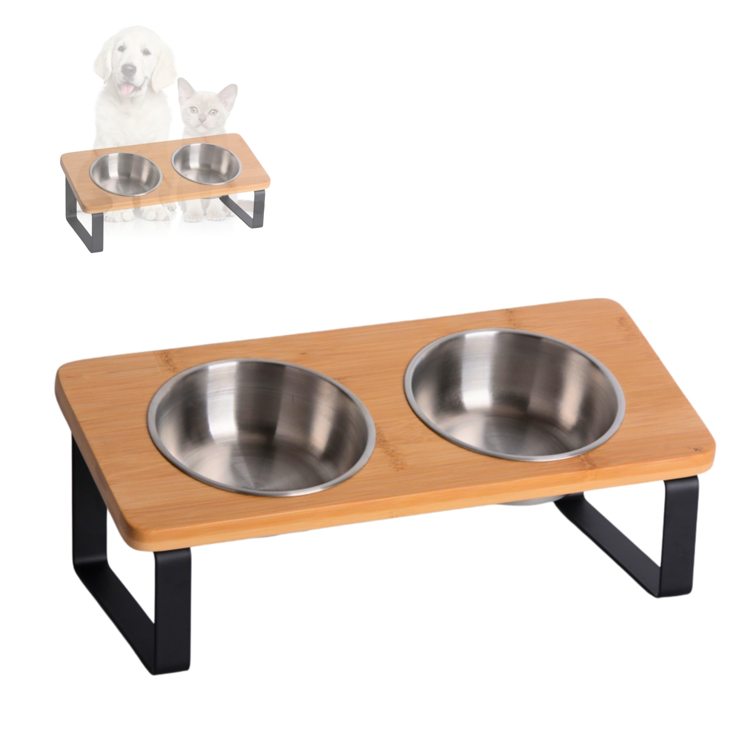 PETLINUS Elevated cat bowls, Ergonomic cat bowls with stand tilted - Dog bowls for small dogs, puppies and cats - Small Dog Water bowl or Cat Water bowl - Satainless steel and wood (Bamboo)