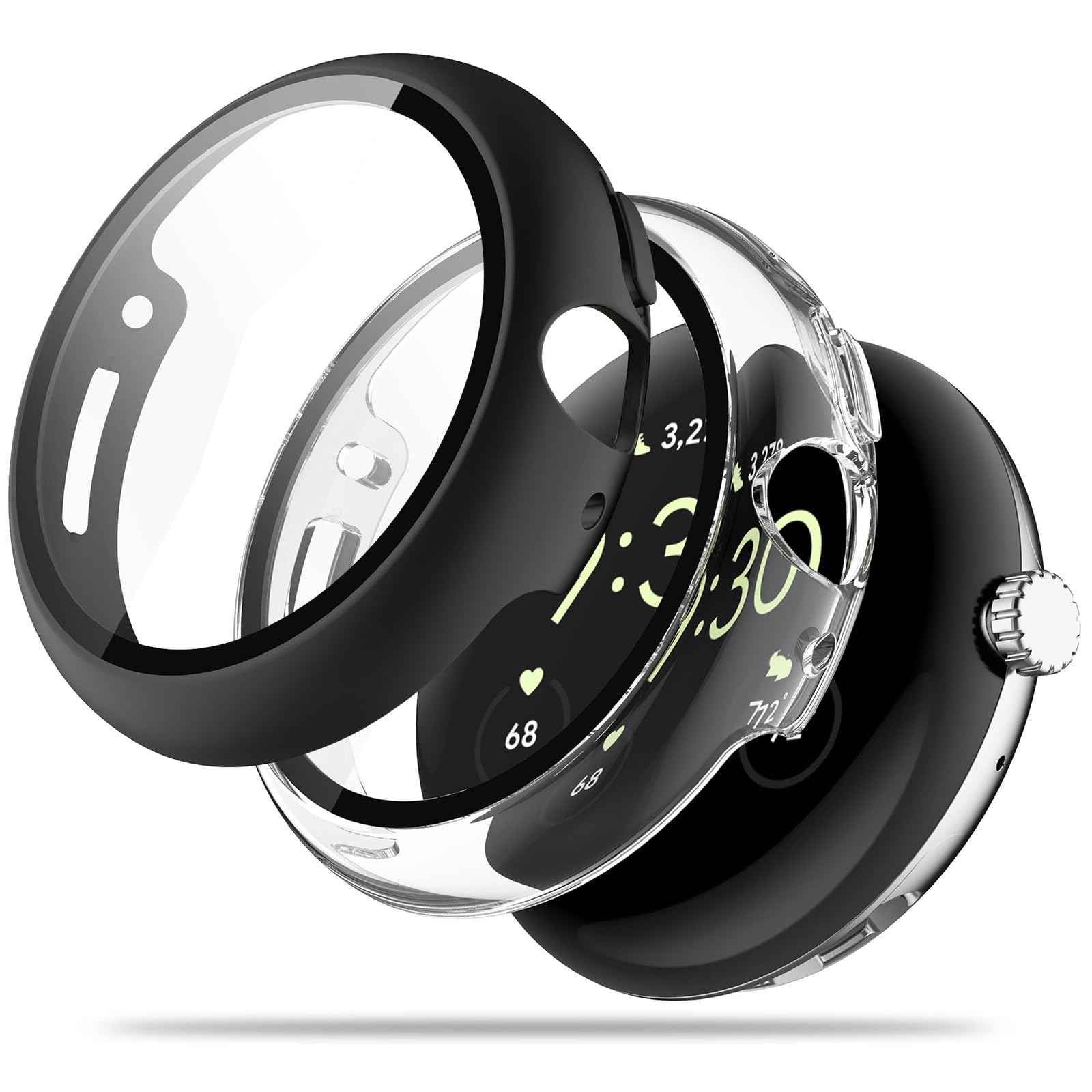 Miimall [2 Pack] Compatible with Google Pixel Watch 2 2023/ Pixel Watch Case, [Tempered Glass Screen Protector] [Hard Bumper] Ultra-Thin PC Shockproof All-Around Protective Case Cover, Black+Clear