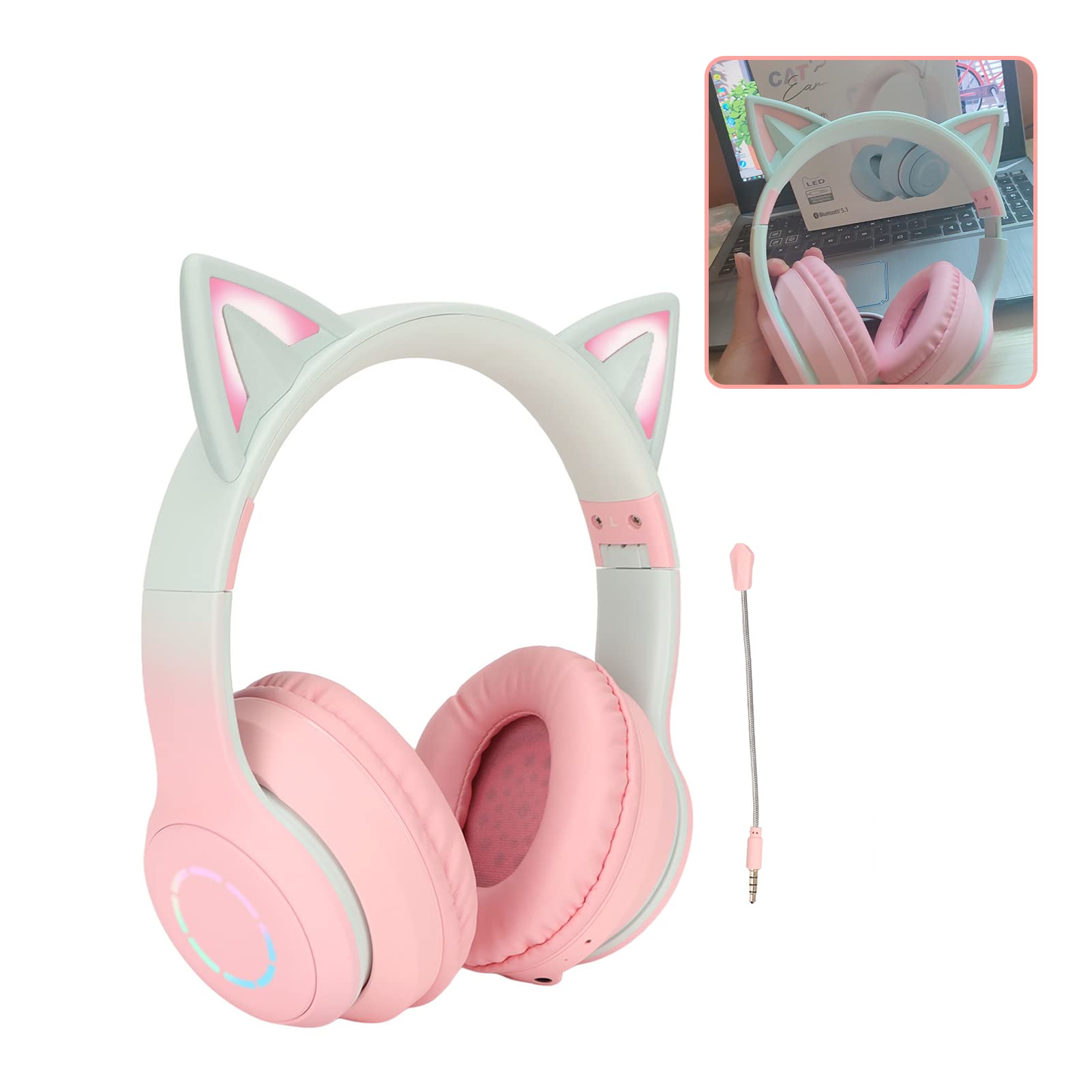 Gugxiom Cat Ear Headphones, Wireless Gaming Headsets via Bluetooth 5.1/3.5mm AUX Cable, Foldable Headphones with 7 Colors LED Lights and 4 LED Modes for Girls, Adults (pink)