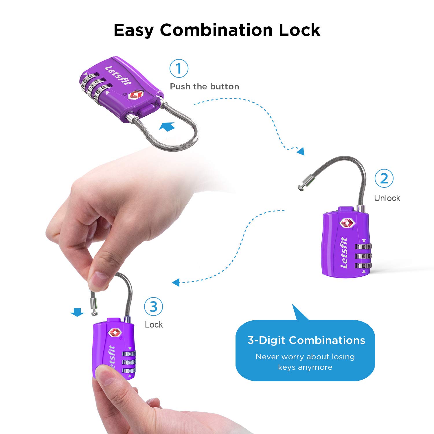 TSA Approved Luggage Locks, Letsfit Travel Combination Cable Luggage Locks, Easy Read Dials, Alloy Body - Ideal for Travel, Lockers, Bags, 4 Pack Purple