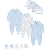 MAMIMAKA Baby Boy Girls Clothes 2-Way Zip Footed Long Sleeve 100% Cotton,Newborn Caps and Scratch Mittens Set 0-6 Months