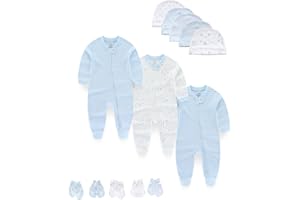 MAMIMAKA Baby Boy Girls Clothes 2-Way Zip Footed Long Sleeve Cotton Newborn Caps and Scratch Mittens Set