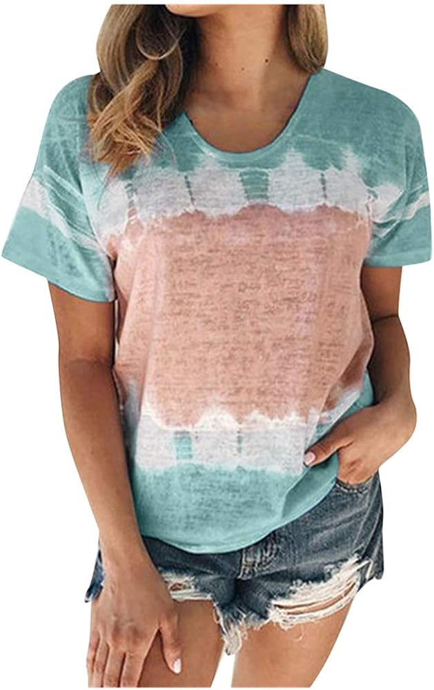 Aniywn Plus Size T-Shirt,Women Summer Casual O-Neck Short Sleeve Printing Patchwork Tunic Tops Basic Shirts