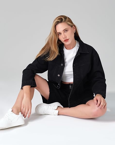 ROSWEAR WOMEN’S DENIM JACKETS OVERSIZED BUTTON LONG SLEEVE WASHED JEAN TRUCKER JACKET WITH POCKETS BLACK X-LARGE