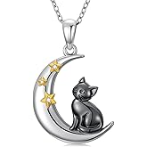 Zorlioy Diamond Moon and Cat Necklace for Women 925 Sterling Silver Lab Grown Diamonds Black Cat Pendant Jewelry Gifts