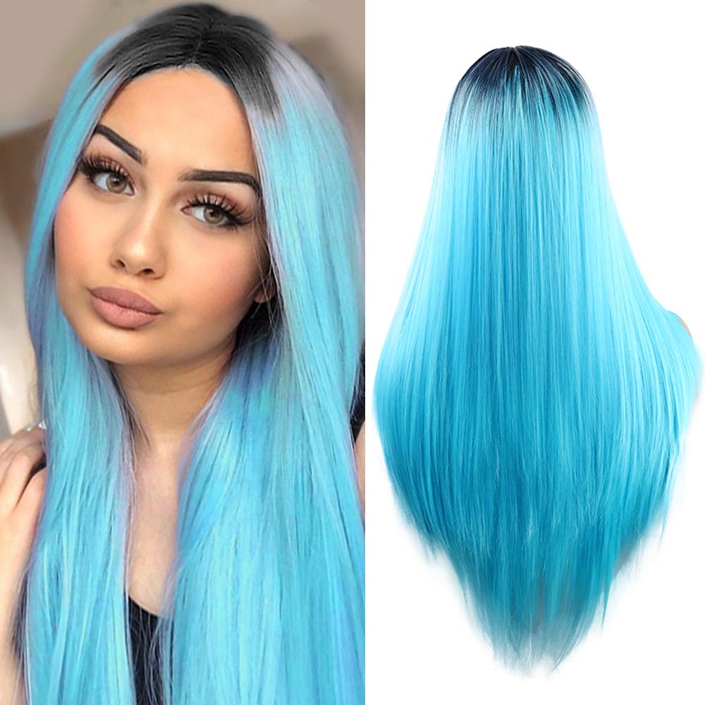 YMHPRIDE Long Women's Straight Wigs Fashion Ombre Heat Resistant Synthetic 2 Tone Blue Wig 22 Inches / 56 cm