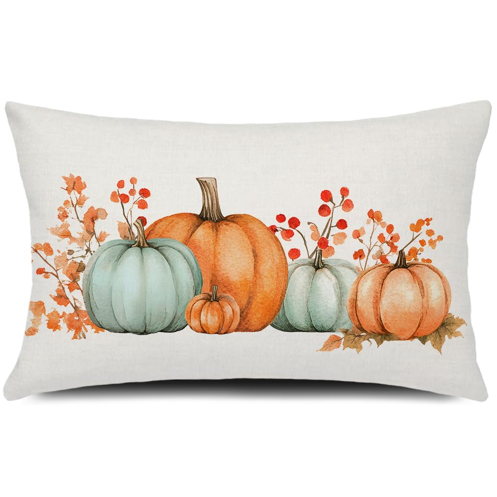 Photo 1 of **2 pack***GTEXT Fall Pillow Cover 12x20 inch Orange Blue Pumpkins Leaves Throw Pillow Cover Autumn Decor Thanksgiving Outdoor Seasonal Decorative Pillowcase Recotangle Farmhouse Decor for Sofa Bed Couch