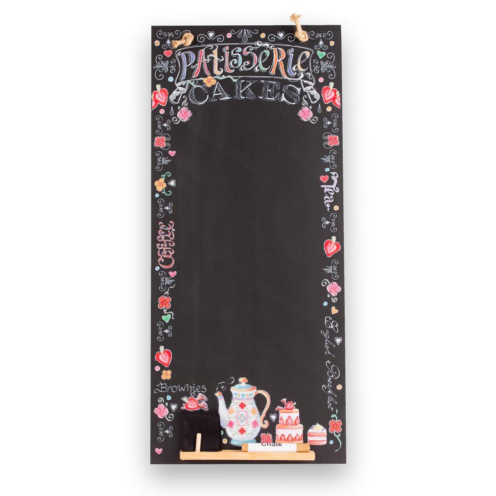 Chalkboards UK CHB137 Patisserie Tall Thin Chalkboard/Blackboard/Memo Kitchen Board with Rope, Tray and Chalk. Booths Design Range, Wood, Black, 60 x 26.5 x 1 cm