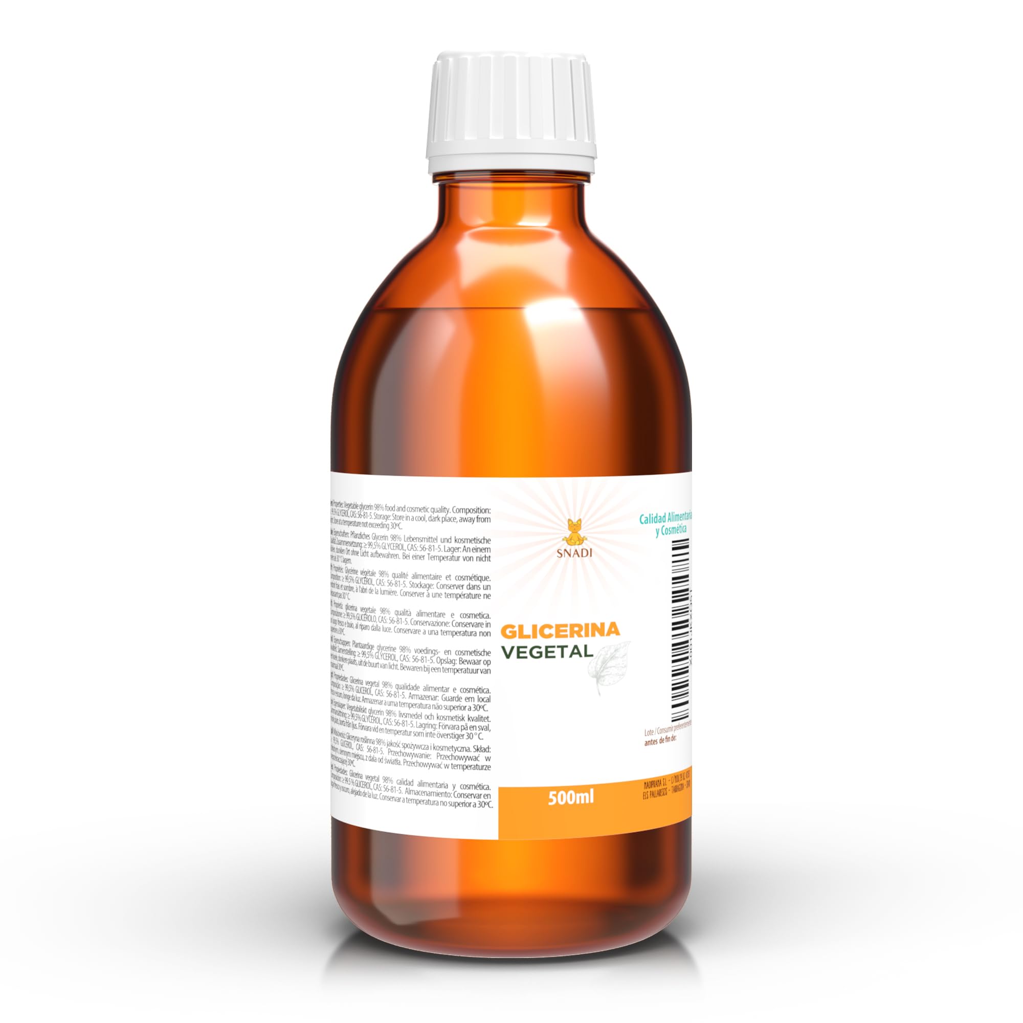 500 ml - Oral and cosmetic glycerine (USP), Purity +98% (Vegetal glycerine). Edible glycerine, cosmetic, skin, hair. Natural glycerine.