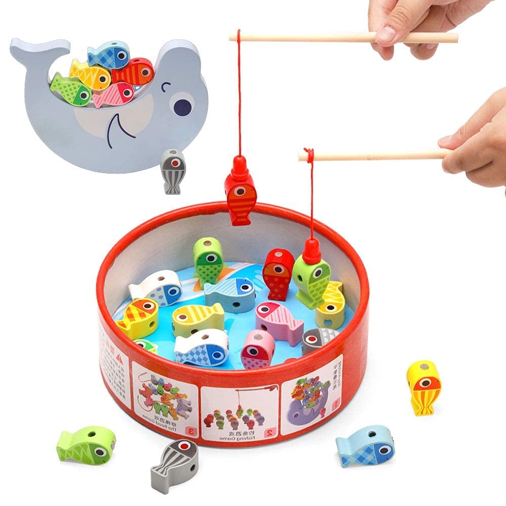 Nukdey Wooden Fishing Games for Kids 3D Fish Catching Counting Preschool Board Games Wooden Lacing Beads Montessori Toys for 2 3 4 5 6 Years Old Toddlers Boys and Girls 18PCS (3 in 1)