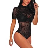 SEBOWEL Women's Black Mesh Bodysuit - Sheer Long Sleeve V Neck Romper, Snap Crotch, Size L - View #7
