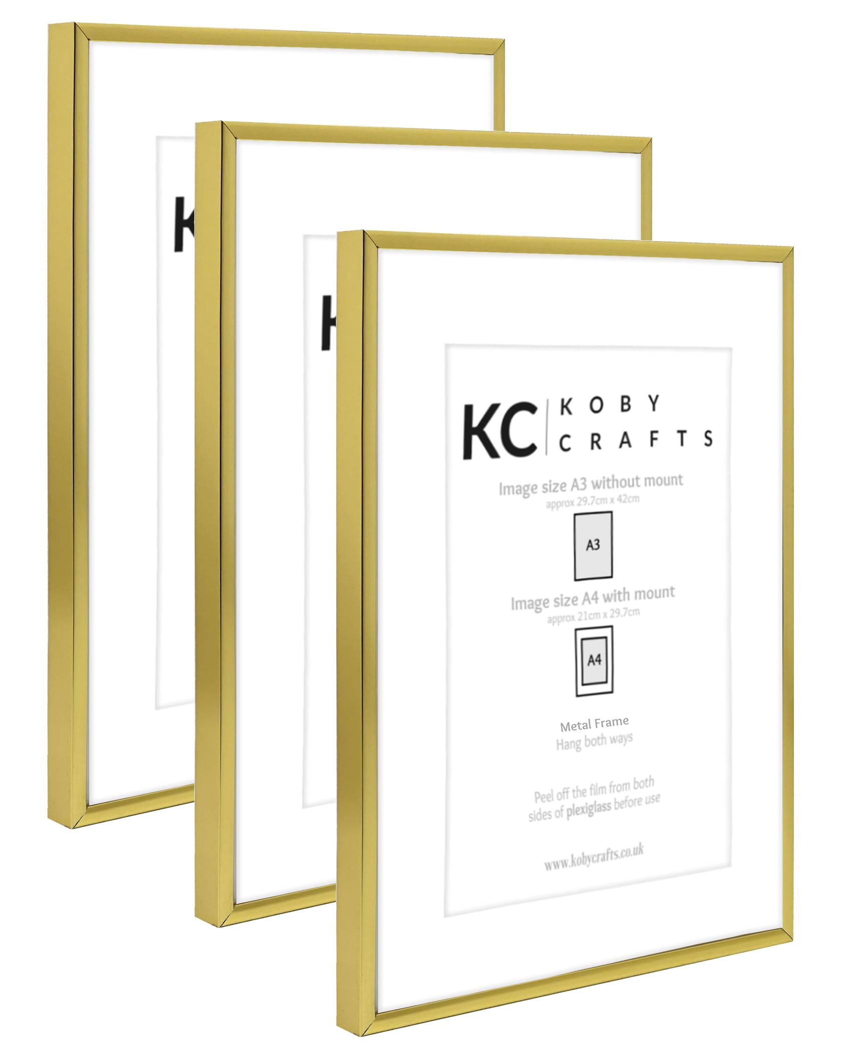 Koby Crafts Pack of 3 Gold Picture Frames for A4 or A3 Images | 3 Pack Aluminium Metal A3 Wooden Photo Frames | Hang Portrait/Landscape | A4 Image Mount