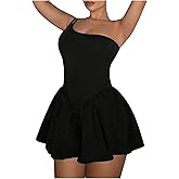 SOLY HUX Women's One Shoulder Sleeveless A Line Flared Dress Summer Mini Dresses