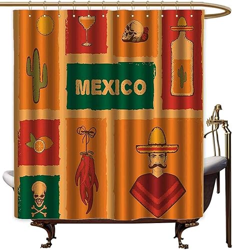 Amazon ポリエステル生地のシャワーカーテン メキシコの装飾コレクション メキシコのアイコン サボテン テキーラ イラスト レモン クロスボーン ペッパー パーティー イメージ シャワーストールカーテン オレンジグリーン 72 X72 1cmx1cm シャワーカーテン