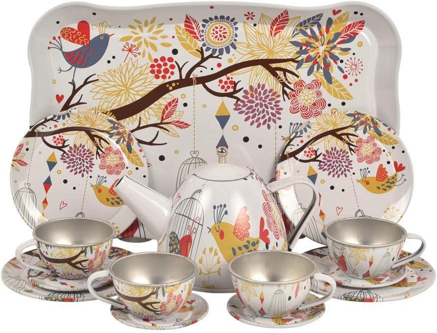 Metal Tea Set Tray Miniature, Pretend Play Toys - Bird in Autumn -14 pcs