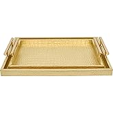 MACVAD Set of 2 Modern Elegant Large Wood Serving Tray, Rectangle Decorative Tray Ottoman Tay Coffee Table Tray, Gold Crocodile Leather with Gold Polished Metal Handles