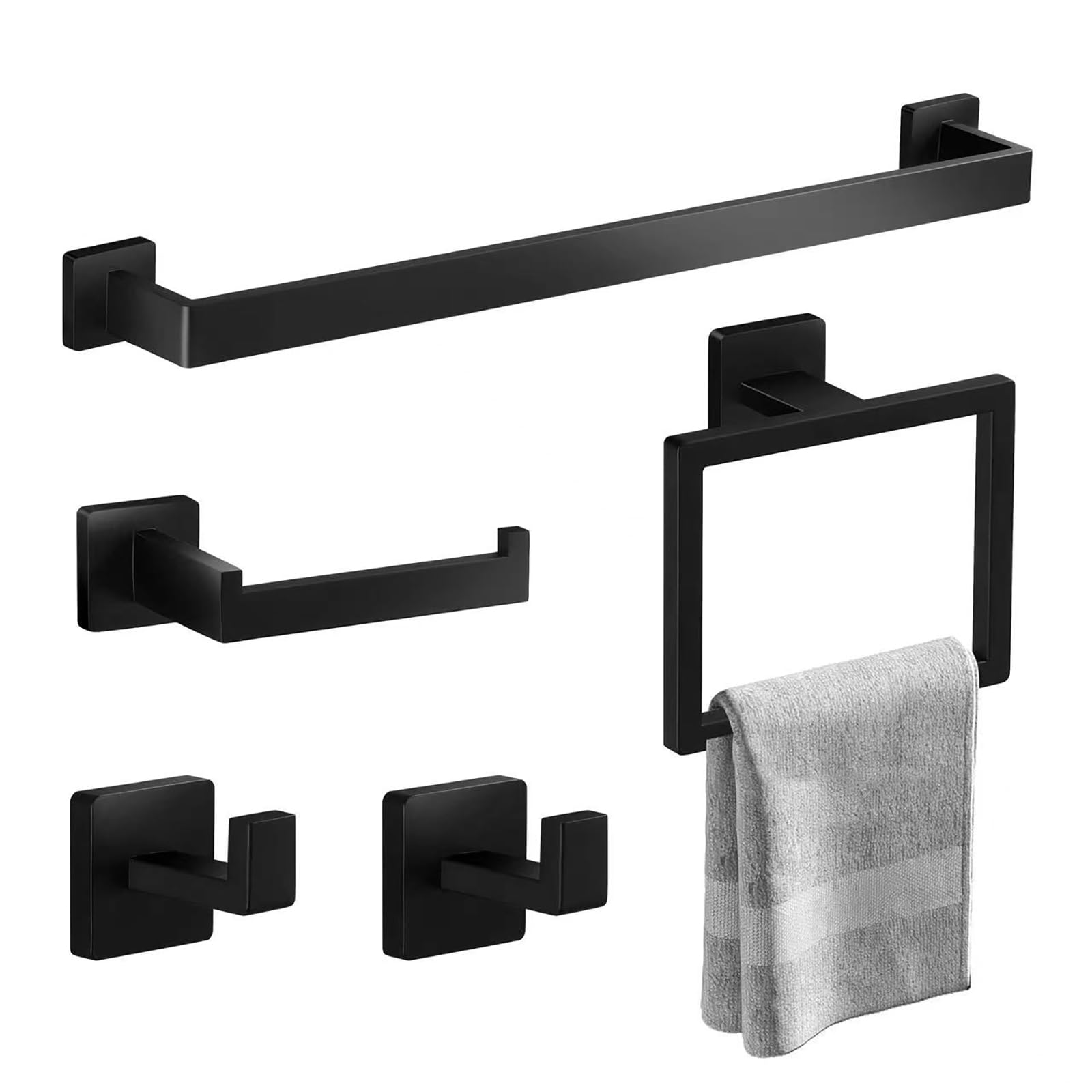Photo 1 of HINMOOD Bathroom Hardware Set Square,5 Pieces Bathroom Hardware Accessories Set Includs16 inch Towel bar, Towel Ring, Toilet Paper Holder, Towel Hooks (Black-5PCS-16Inch)