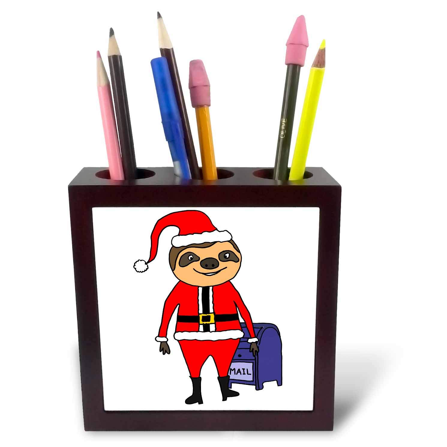 3dRose ph_251943_1 5-Inch Funny Sloth Santa Claus Christmas Art Mailing Packages Tile Pen Holder