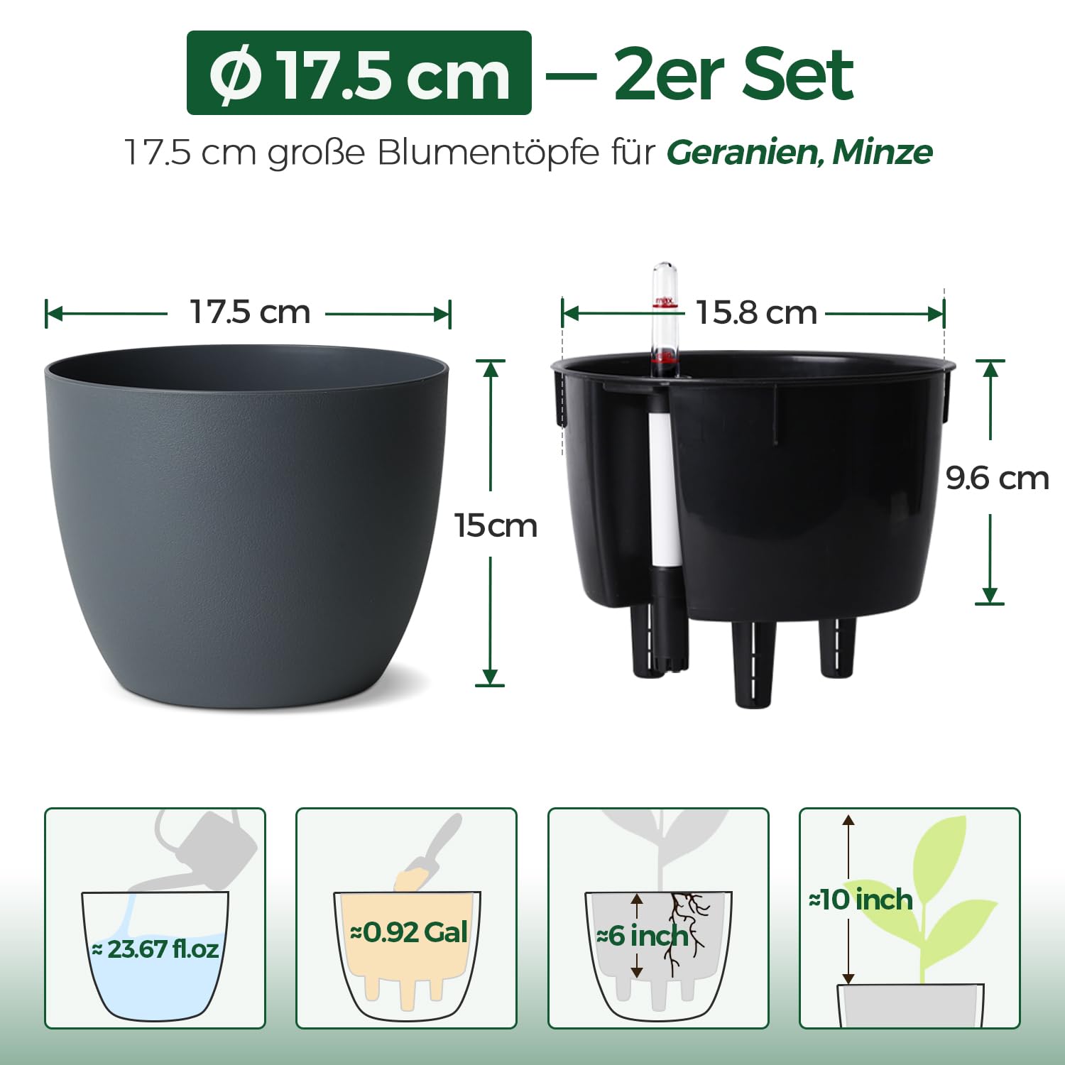 T4U 17,5cm Selbstbewässerungstopf Rund 2er, Kräutertopf für Basilikum Weiß 3
