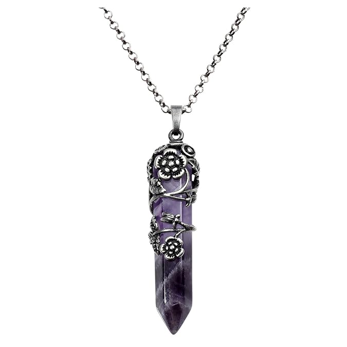 JOVIVI Edelstein Schmuck, Natur Steine Damen Blume Wire Wrap Hexagon Säulen Chakra Anhänger Pendant mit Kette