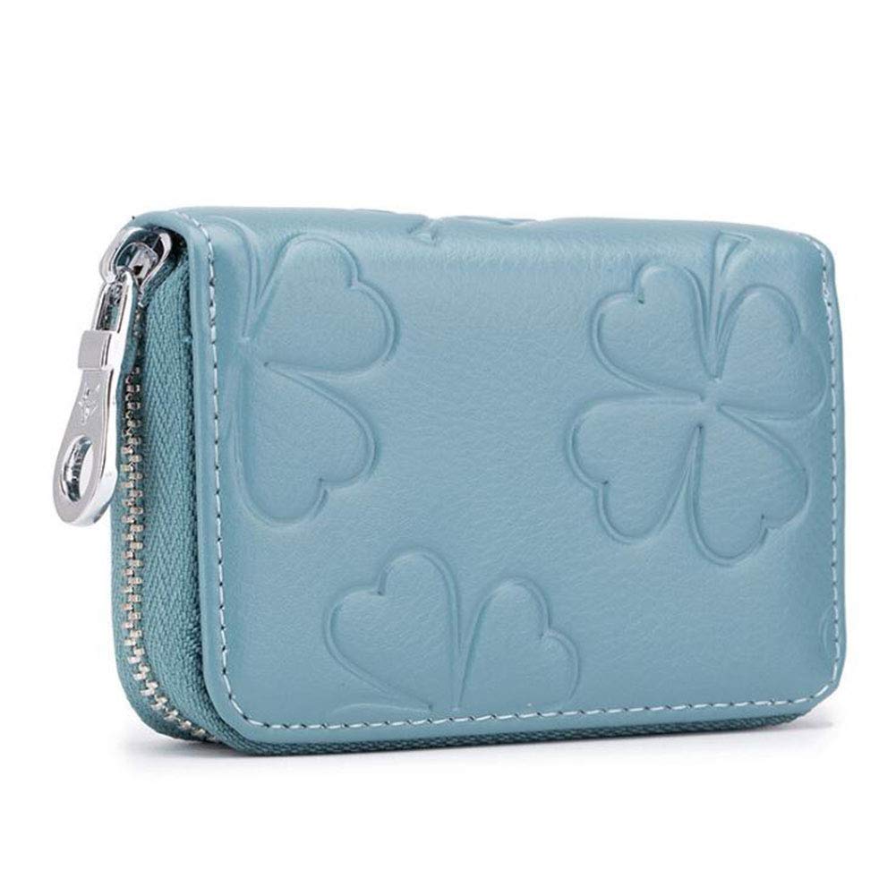 AprinCtempsD RFID Blocking Women's Credit Card Holder Genuine Leather Ladies Small Card Wallet with Zipper Mini Card Purse Floral Coin Purse (Light Blue)