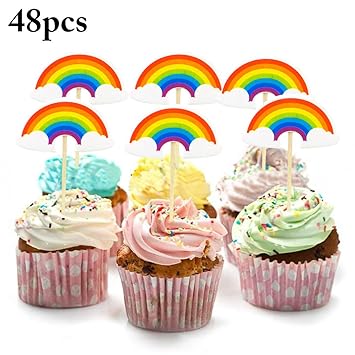 Funpa 48pcs Birthday Cupcake Toppers Rainbow Decorative Cupcake