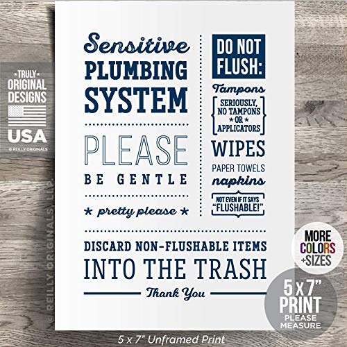 5x7" *UNFRAMED PRINT* Do not Flush Bathroom Sign Septic System Sensitive Plumbing No Feminine Sanitary Products Tampons Paper Towels Tissues Wipes Decor Art Hotel Restaurant airbnb Bags
