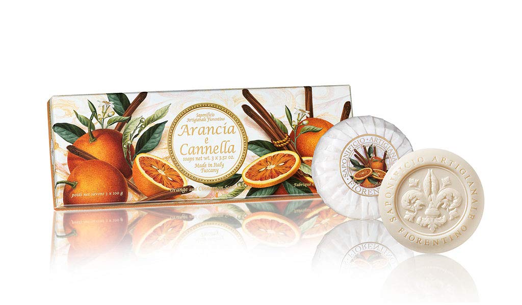 Box of Italian soap, Orange and Cinnamon, round soaps sculpted with lily, pleated wrapping and label, 3 x 3.52 oz by Saponificio Artigianale Fiorentino