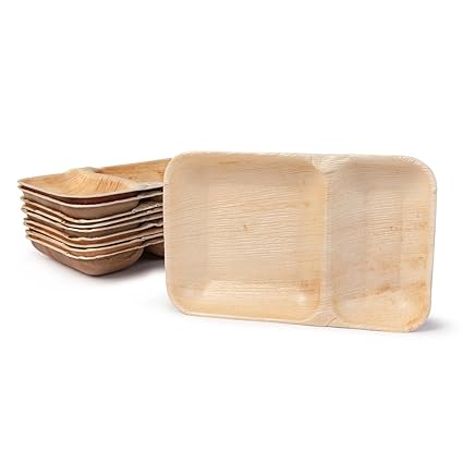 BIOZOYG DTW05589 Einwegteller aus Palmblatt, 25 Stück, eckig, 2 Kammern, 25x15 cm, kompostierbar