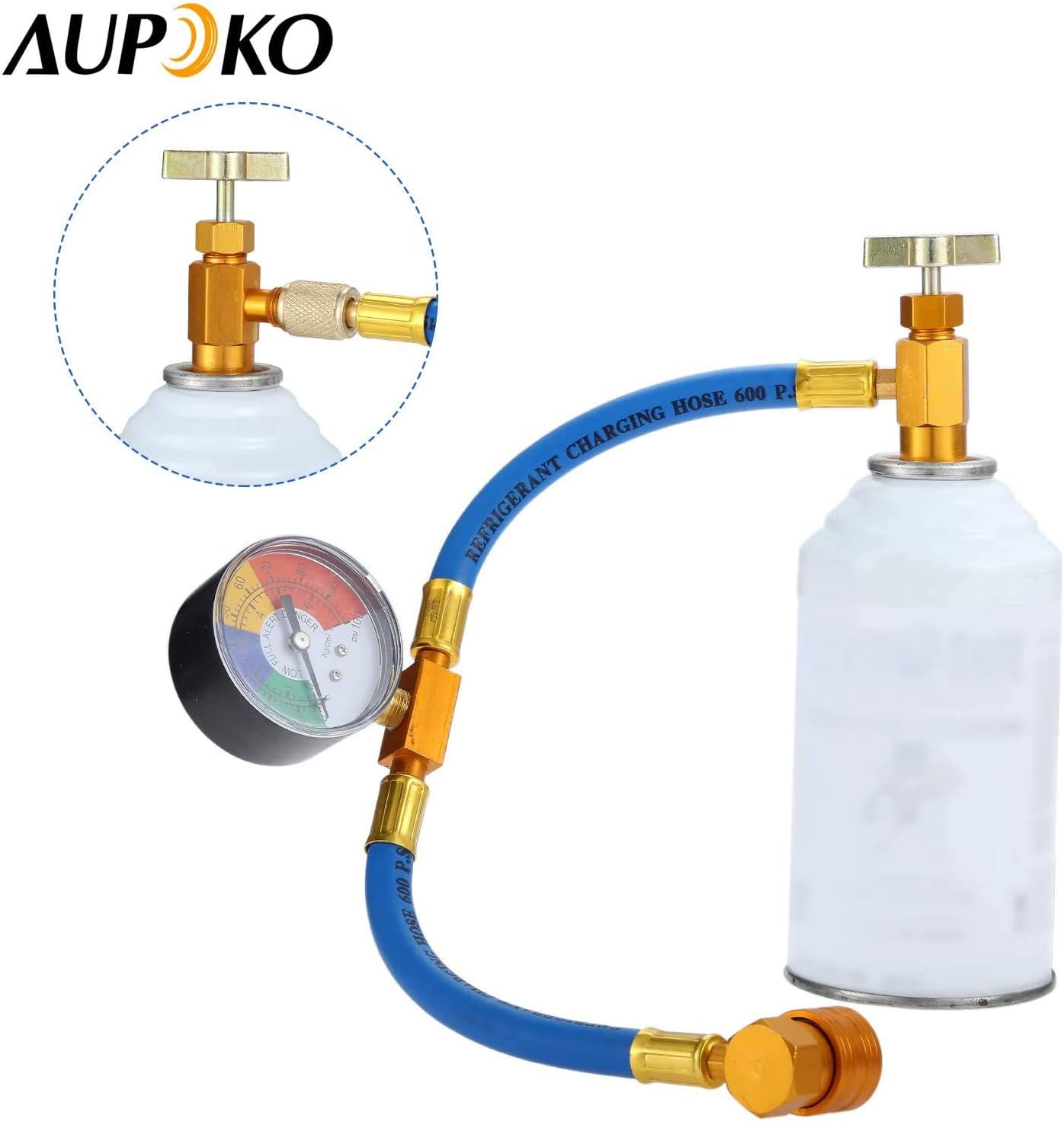 Aupoko R134A AC Refrigerant Charge Hose, 1/2’’ Acme Can Opener Tap Dispensing Valve, and Recharge Hose with Pressure Gauge, Fits for Car AC Air Conditioning Refrigerant: Automotive
