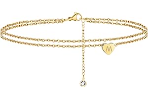 Turandoss Heart Initial Ankle Bracelets for Women, 14K Gold Filled Handmade Dainty Layered Anklet Letter Initial Heart Ankle Bracelets for Women Beach Jewelry Gifts