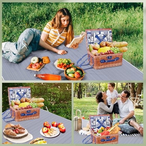 4 Person Picnic Basket, Wicker Picnic Set with Waterproof Picnic Blanket and Cutlery Set, Picnic Basket for Camping, Blue