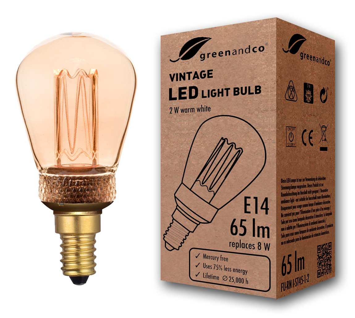 greenandco Decorative LED Vintage Light Bulb | E14 ST45 | Amber | 2W 65lm | 1800K Extra Warm White | 320° | 230V | Flicker Free | Not Dimmable