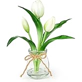 Lovmeety Tulips Artificial Flowers in Glass Vase with Faux Water, Real Touch White Tulips with Vase Floral Arrangement Table Centerpiece Decorations for Home Kitchen Office Wedding