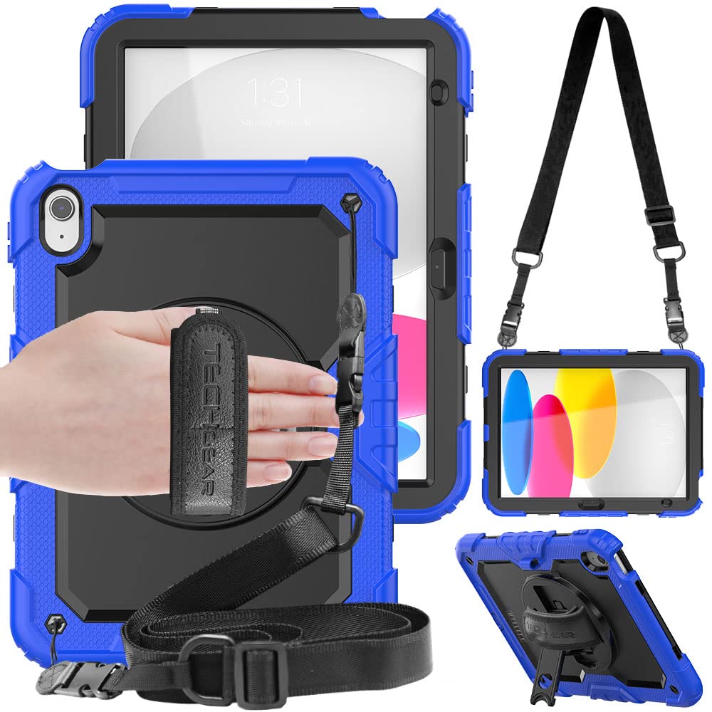 TECHGEAR UTILITY Case for iPad 11" A16 (11th Gen 2025) & 10.9" (10th 2022), Rugged Heavy Duty Shockproof Cover Screen Protection, 360 Stand, Hand & Shoulder Strap - for Work, School, Travel etc - Blue