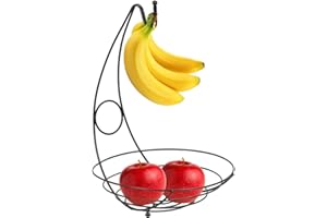 Fruit Basket Bowl with Banana Hanger - 39x27x7cm Metal Fruit Holder Stand with Detachable Hook, Large Capacity Wire Basket, K