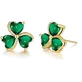 VONSSY Elegant Clover Stud Earrings | Emerald Green Gemstone Irish Shamrock Earrings | Platinum Gold Plated Chain | Meaningful Jewelry Gift for Women Mother Girlfriend