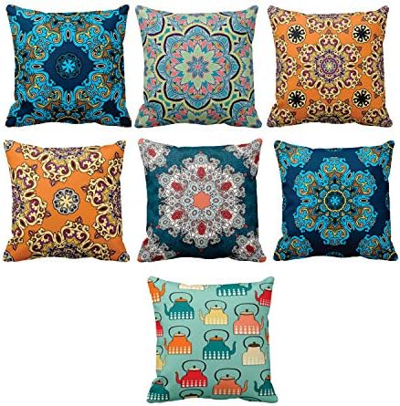TheYaYaCafe Printed Canvas Cotton Cushion Covers (24 x 24 inch, Indigo) -Set of 7
