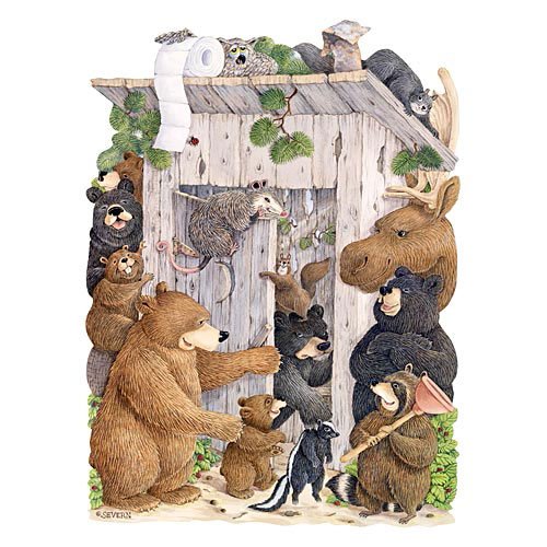Bits and Pieces - 750 Piece Shaped Puzzle - Whose Turn Is It? Outhouse, Forest Animal Party - by Artist Jeffrey Severn - 750 pc Jigsaw