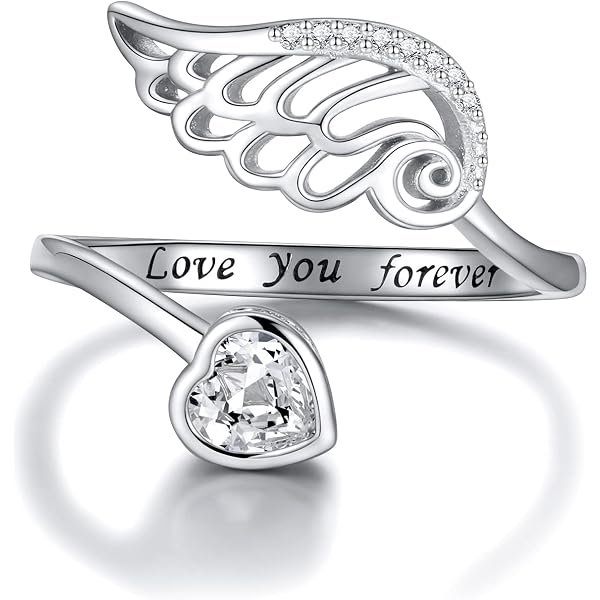 Personalized Angel Wing Ring With Birthstone - Custom Engraved Adjustable Ring For Women, Mother's Gift