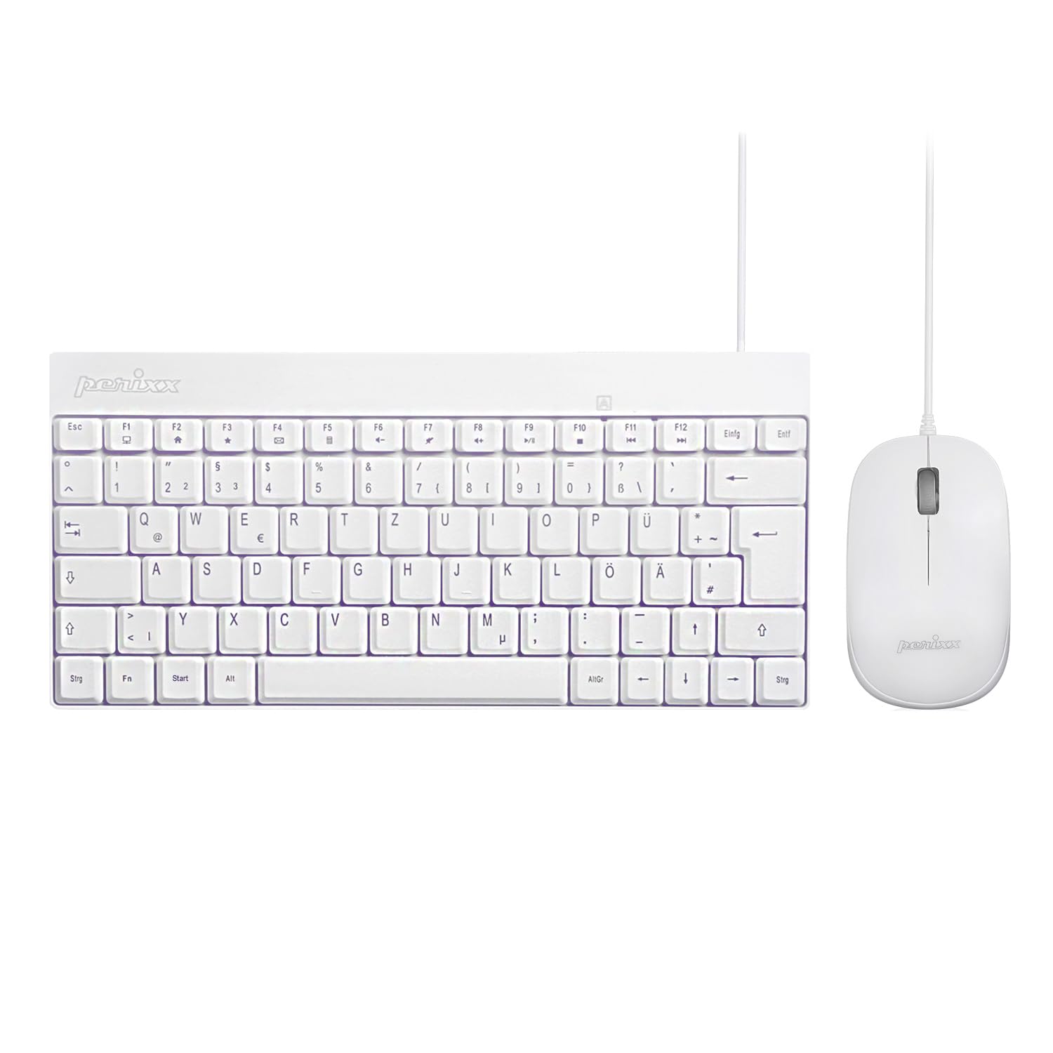 Perixx PERIDUO-212 DE Compact Mini Keyboard and Mouse Set, USB Cable, White, German Layout